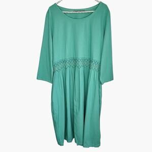 Gudren Sjoden Tricot Smocked Waist Dress Boho Lagenlook Embroidered XL‎ Peasant